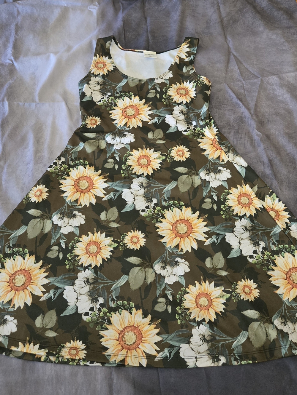 Olive Green Sunflower A-Line Dress